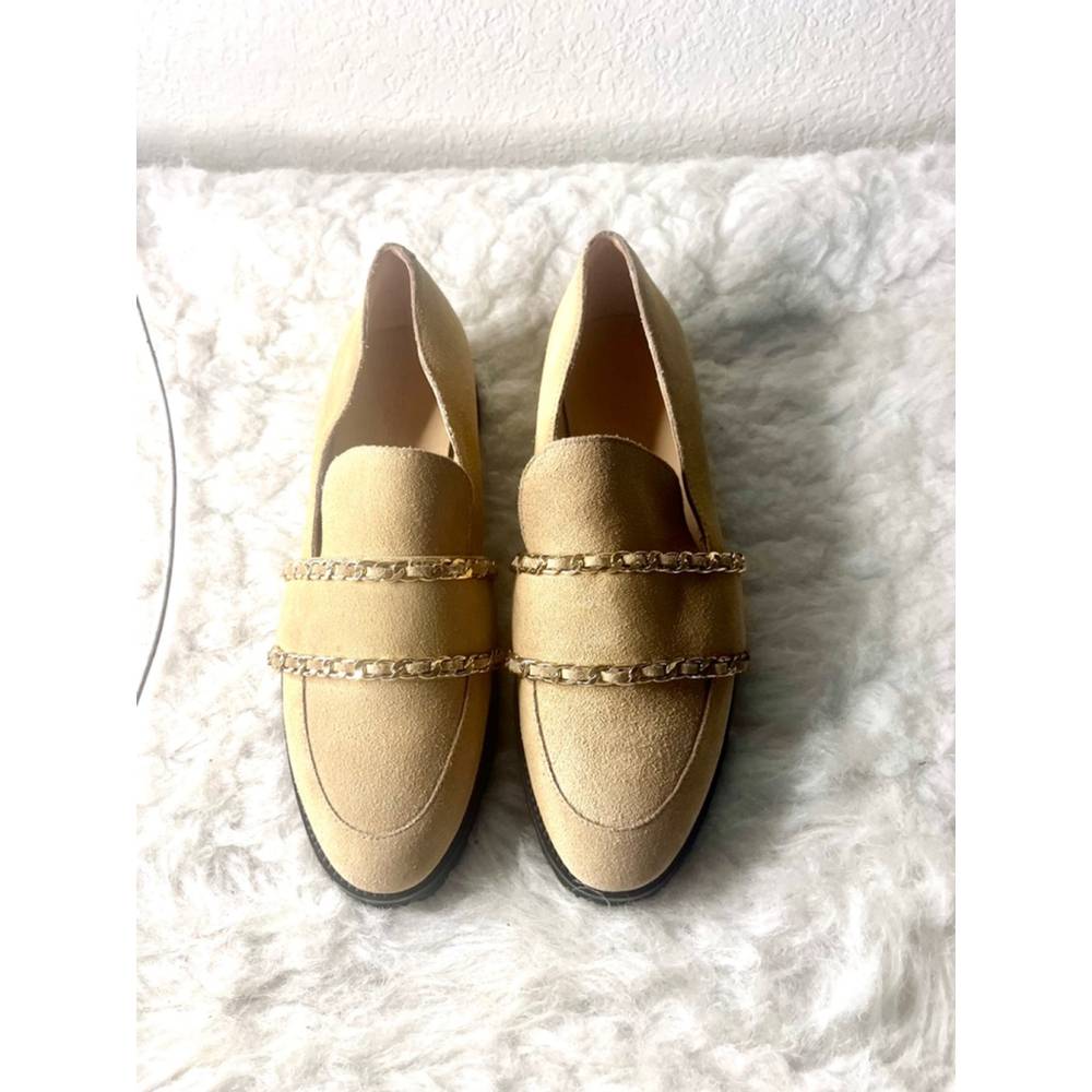 Karl Lagerfeld Irene Tan Suede Leather Gold Chain Slip On Flats Women Size 8M